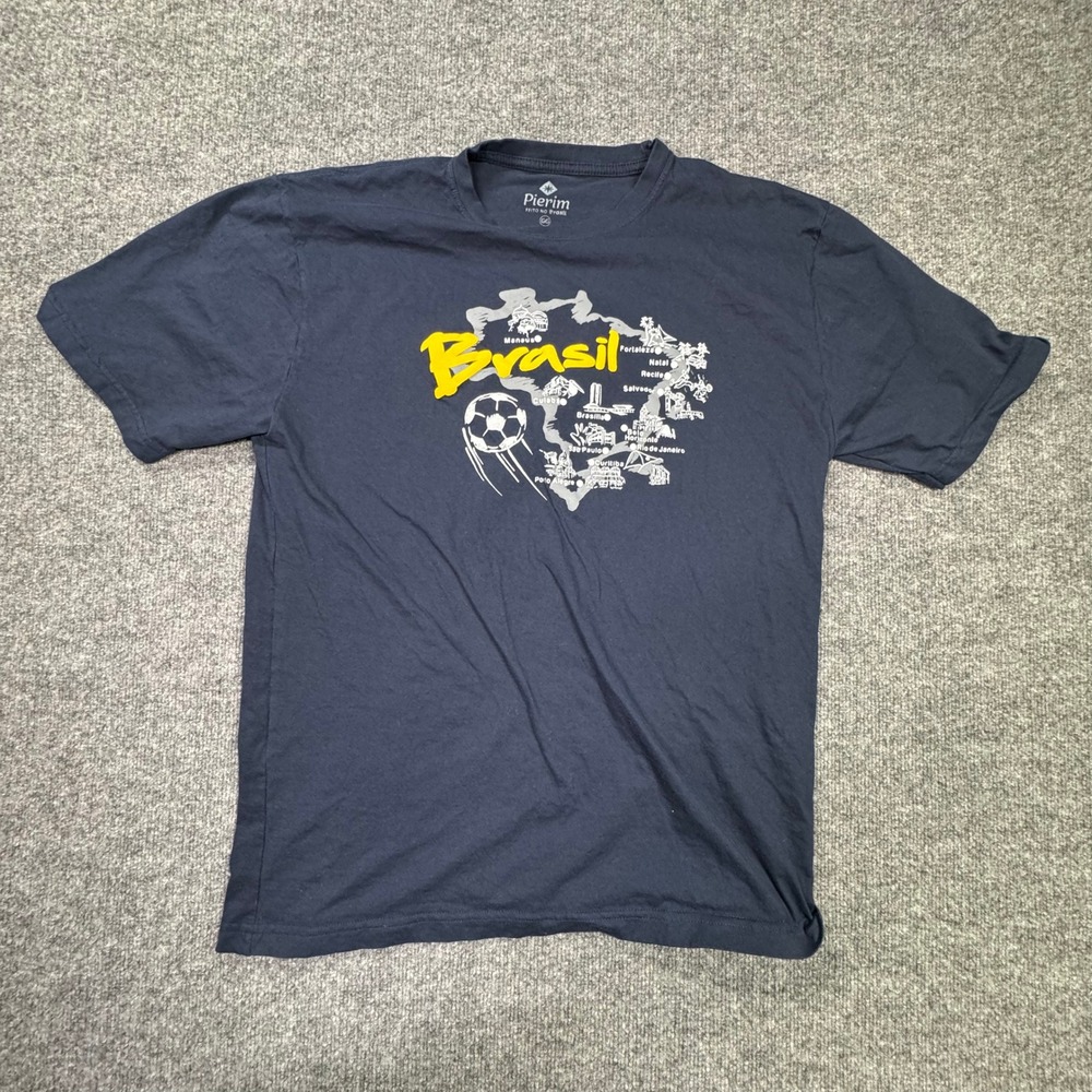 Pierim Brasil Souvenir T Shirt Mens L Navy Map Soccer Ball Graphic Print Blue